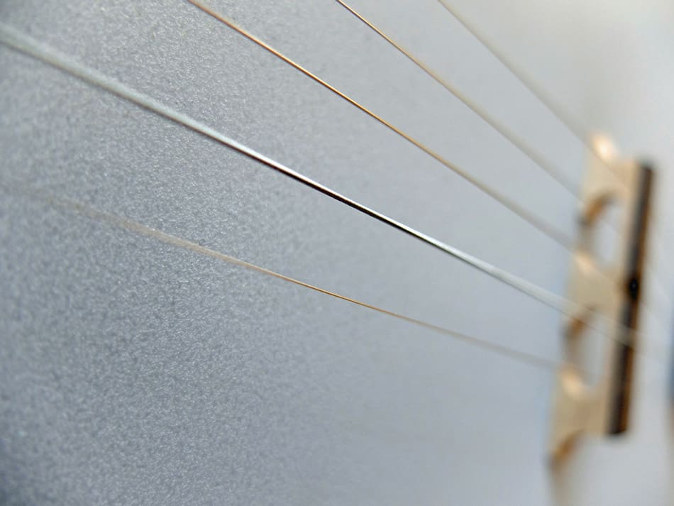 Close up of 5 strings on a banjo
