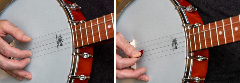Playing banjo with pick and without