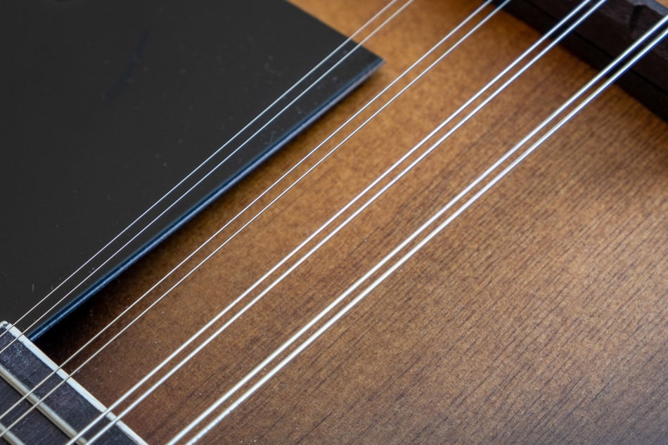 Close up of mandolin strings on the instrument